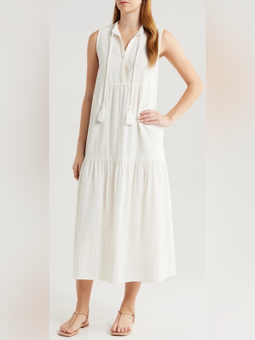 NWT Elan Tiered Cotton & Linen V-Neck Dress with Tassels in Cream (XL)